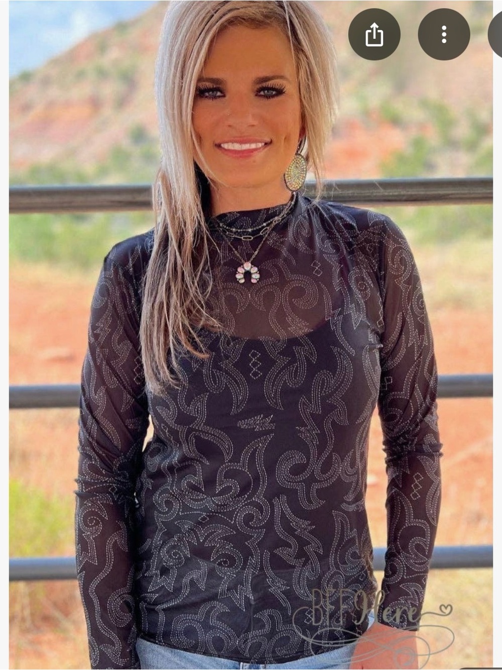 Black Sheer Long-Sleeve Mesh Top with Boot Stitch Print